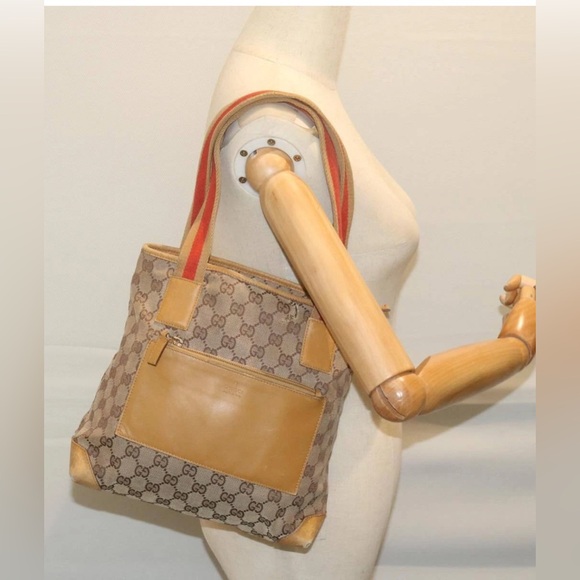 GUCCI GG Canvas Sherry Line Tote Bag Beige Red GUC - Picture 15 of 15